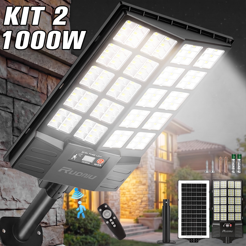 Kit 2 Luminária Poste Solar 1000W/900W/800W Luz LED Com Sensor Iluminação Externa IP67
