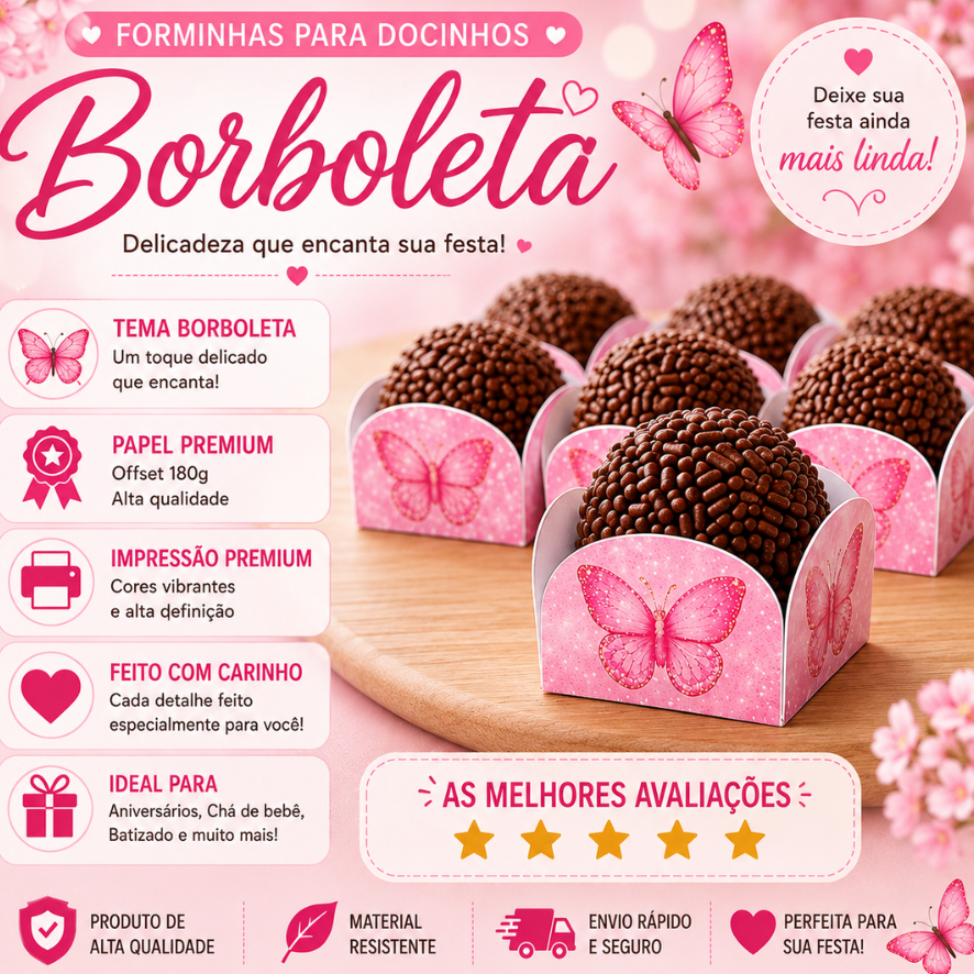 Forminha 4 Pétalas Borboleta Jardim Encantado para Docinhos Brigadeiro Festa Infantil Envio Imediato