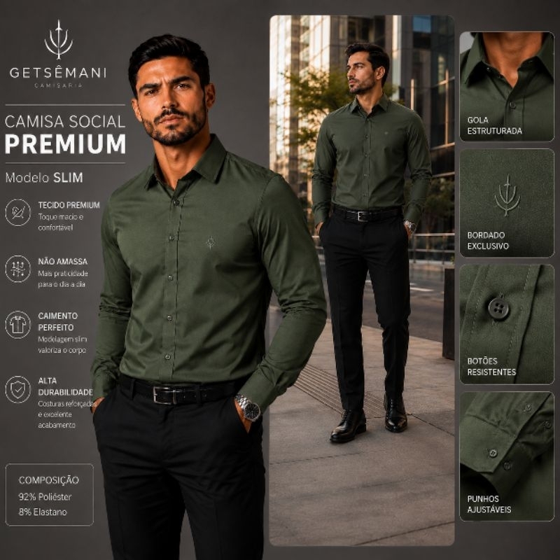Camisa Masculina Slim Alfaiataria Manga Longa Verde Musgo Poliéster com Elastano Social Casual