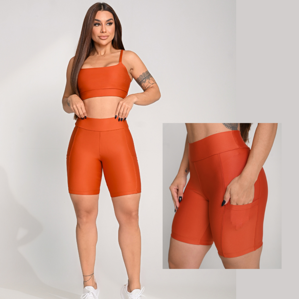 Conjunto Fitness  Feminino Short e Top com Bolso Suplex Zero Transparência Academia Treino Corrida