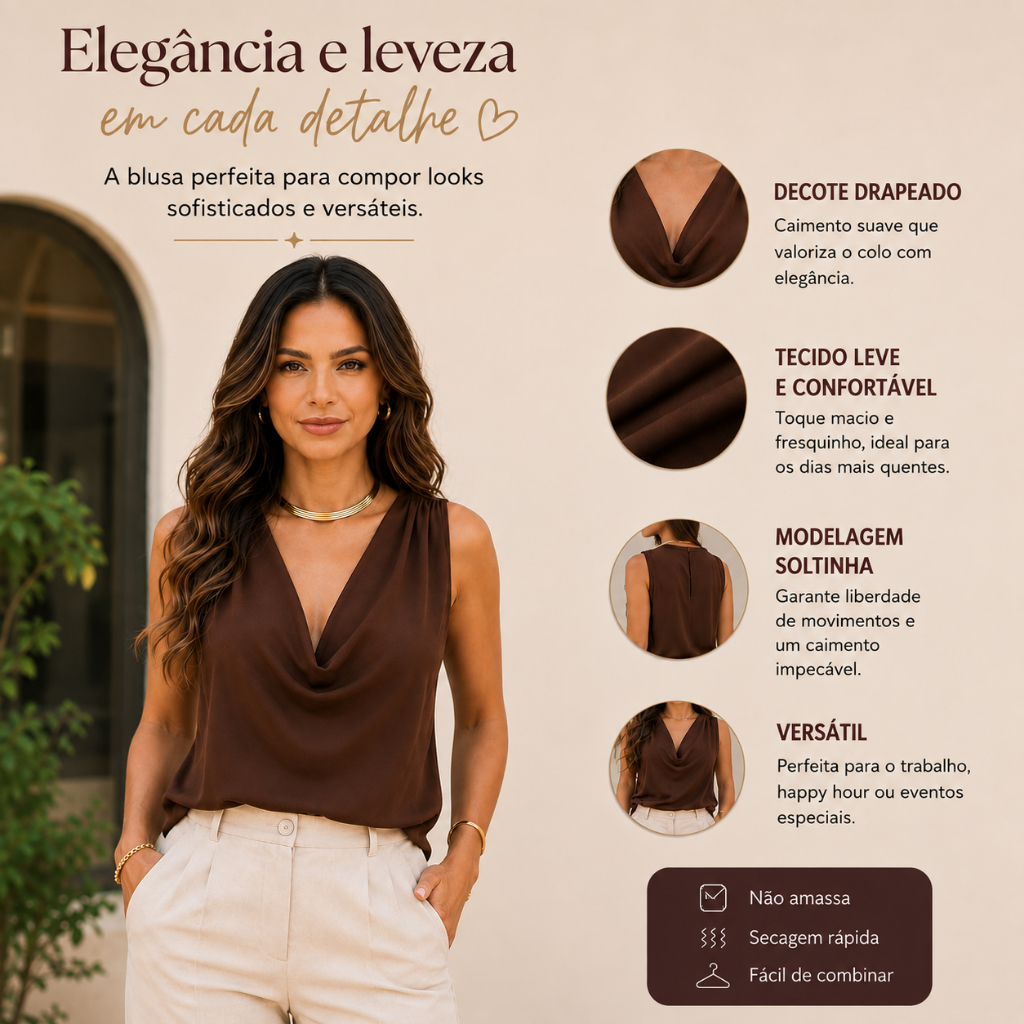 Blusa Regata Feminina Suplex Premium Gola Boba Drapeada Casual Elegante Leve Confortável Moda Verão Feminina
