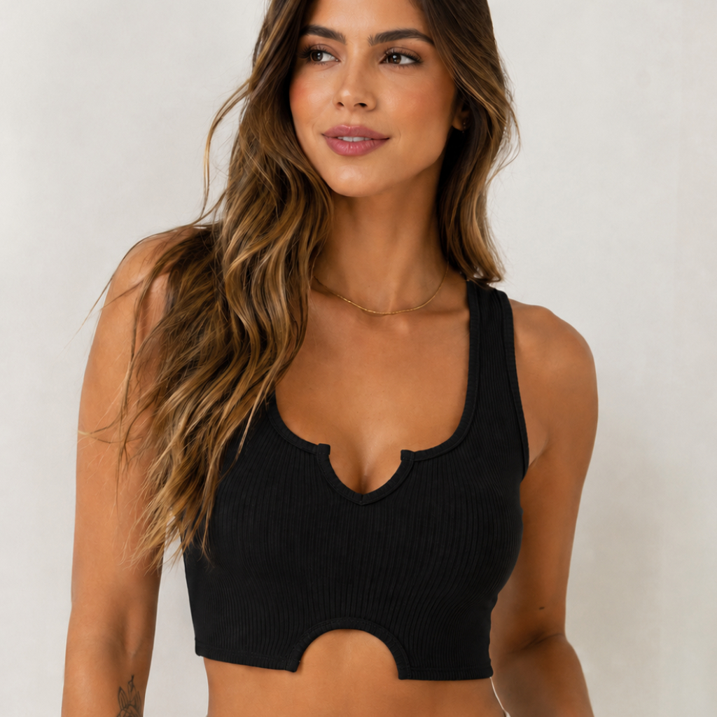 Top Cropped Feminino Canelado Decote Vazado Elegante