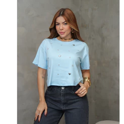 Blusa Feminina Cropped Manga Curta Coração Metálico Casual Elegante Verão SD4134