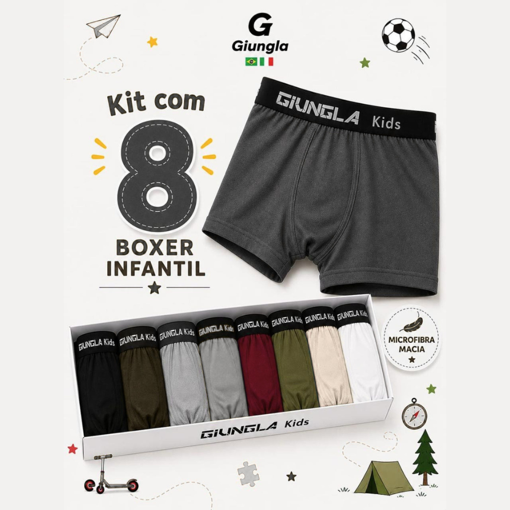 Kit 8 Cuecas Boxer Infantil para Meninos Microfibra Lisa Cueca Box Giungla Kids