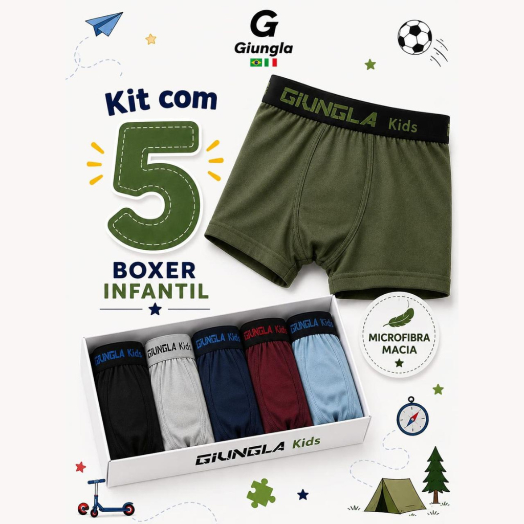 Kit 5 Cuecas Boxer Infantil para Meninos Microfibra Lisa Cueca Box Giungla Kids