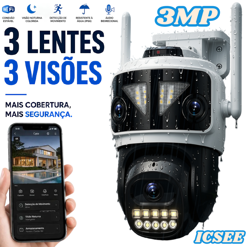 Camera De Seguranca Wifi Externa Lente Tripla 3MP Icsee 350° Visao Noturna Colorida IP66 Com Alarme