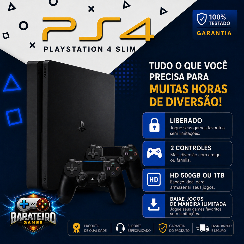 PlayStation 4 Slim | 2 Controles | Pronto para Jogar/ 500GB OU 1TB