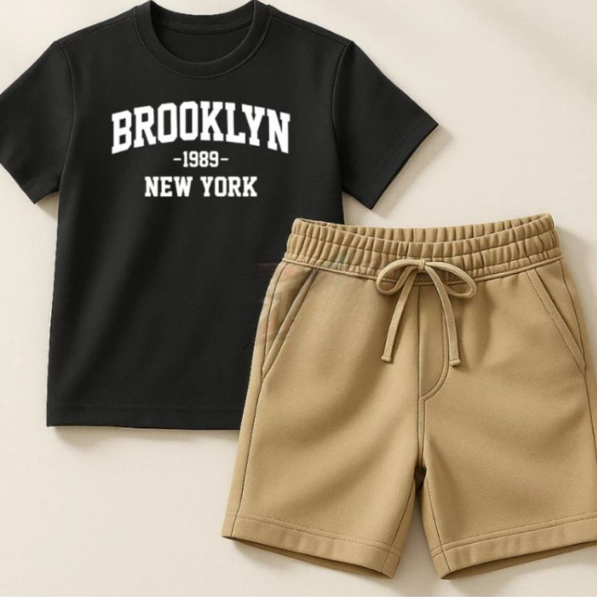 Conjunto Infantil Masculino Camiseta e Short Moletinho Confortável Verão Estiloso Brooklyn Algodão
