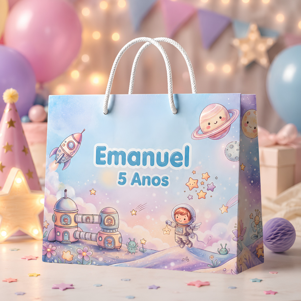 Sacolinha Personalizada Astronauta Lembrancinha Festa Infantil Aniversário Estelar Kit 5 ou 10 Unidades
