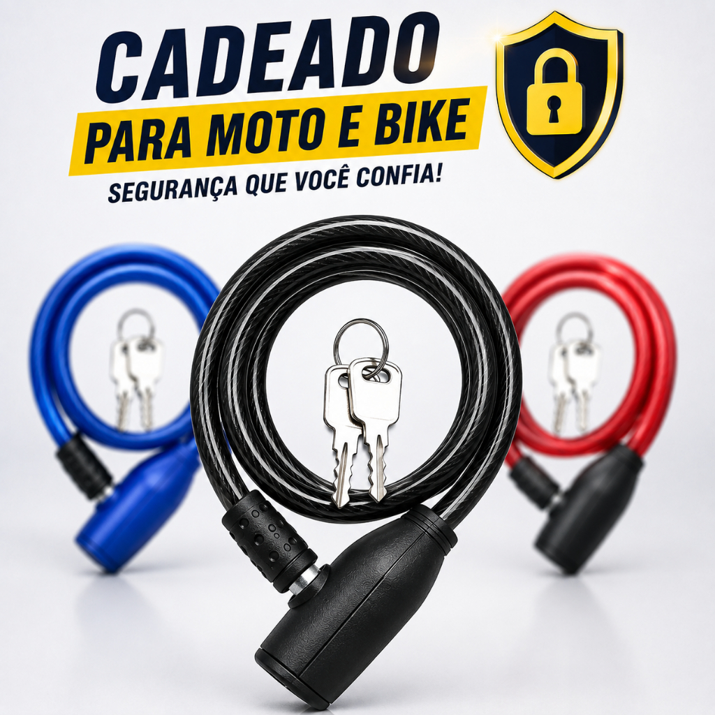 Cadeado para Moto e Bike Antifurto em Aço Reforçado com Cabo Corrente Trava Segurança Chaves Capacete Portão