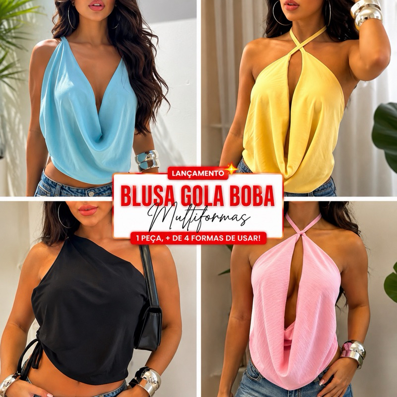 Blusa feminina Cropped Gola Boba Multiformas Estilosa Frente Única Alça Decote Armação Elegante Feminina Tendência Verão