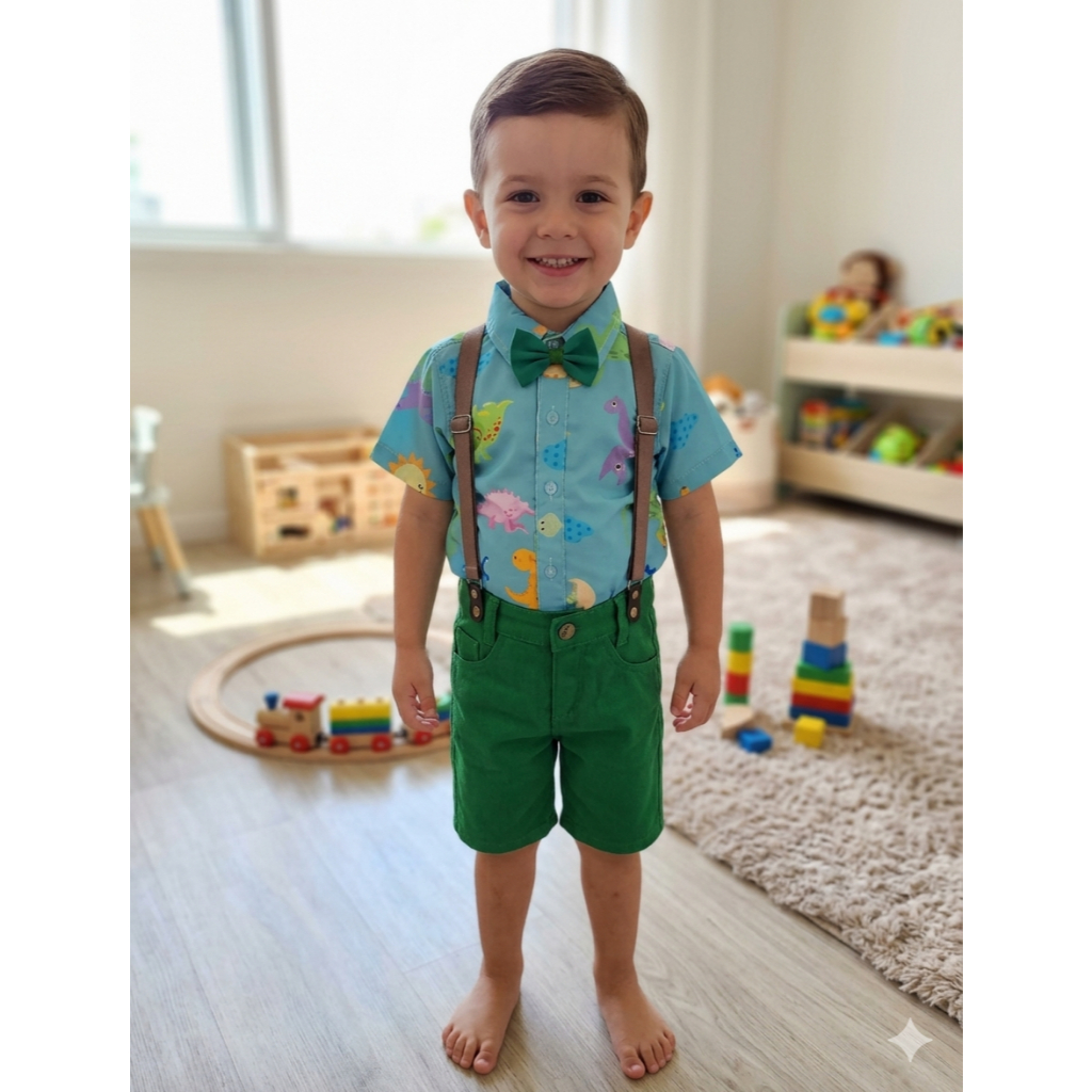 Roupa Aniversario Conjunto Bermuda Camisa Dino Dinossauro Baby FANTASIA JURASSIC MENINO BEBE INFANTIL ANIVERSARIO DINO