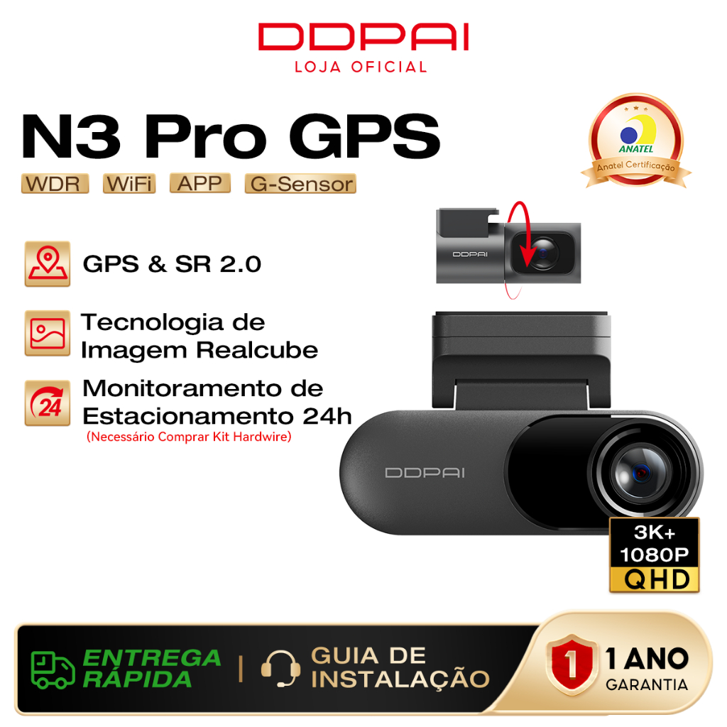DDPAI N3 Pro GPS Câmera Veicular 3K+1080P Visão Noturna GPS Sensor G App Ampla Faixa Dinâmica