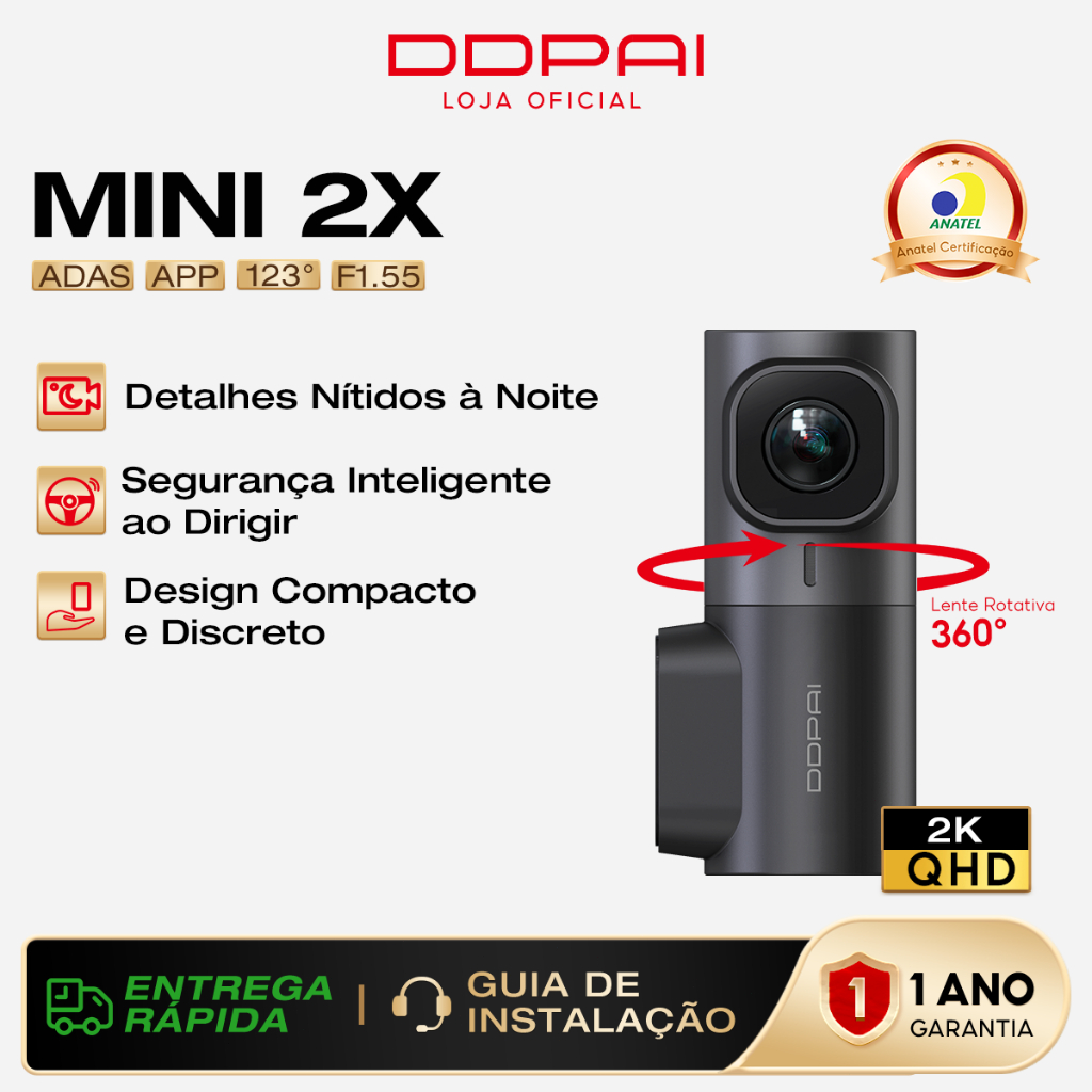 Câmera Veicular DDPAI Mini 2X 2K QHD AI-ISP 2.0 Visão Noturna APP ADAS Lente R