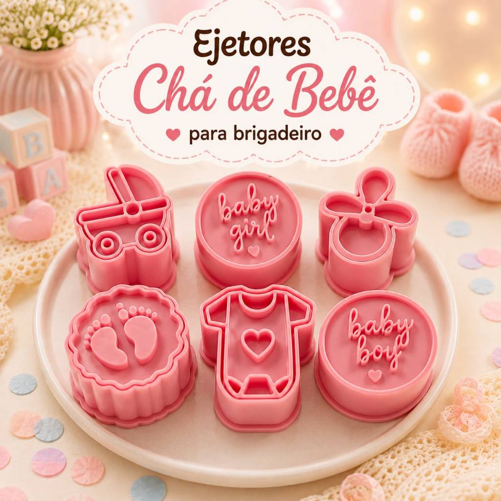 Kit Ejetores Chá de Bebê para Brigadeiro e Doces 6 Peças Baby Girl Baby Boy Carrinho Chupeta Body Pezinhos