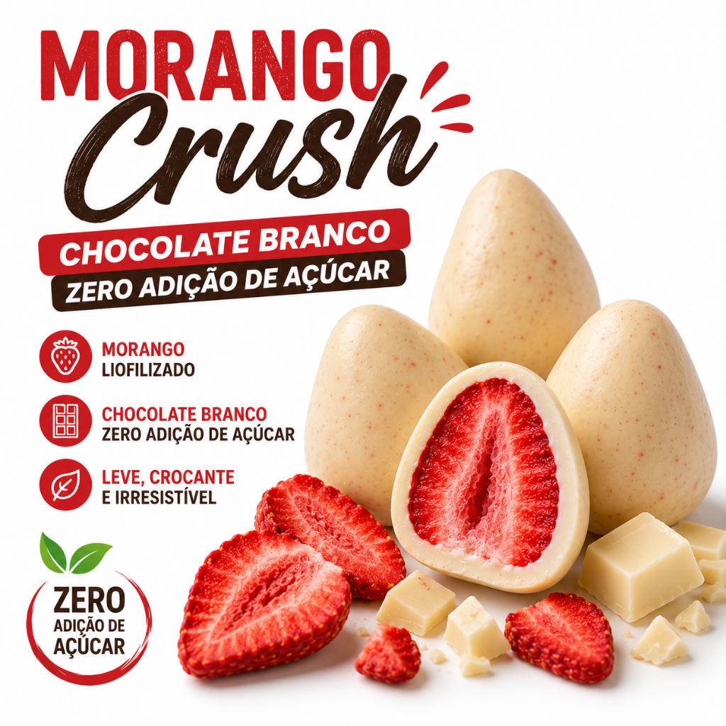 Morango Crush Liofilizado Chocolate Branco - Zero Açúcar