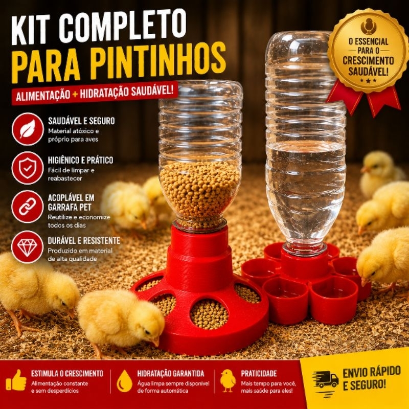 Kit Comedouro Bebedouro Automático Pintinhos Aves Codornas Garrafa PET Universal Anti Desperdício