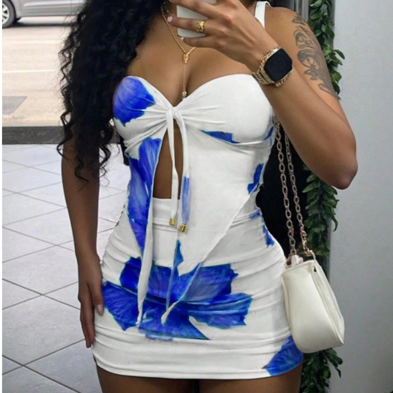 Conjunto Feminino Estampado Cropped e Saia Empina Bum Bum, Conjunto Mini Estampas florais Laterais Drapeadas Tendência
