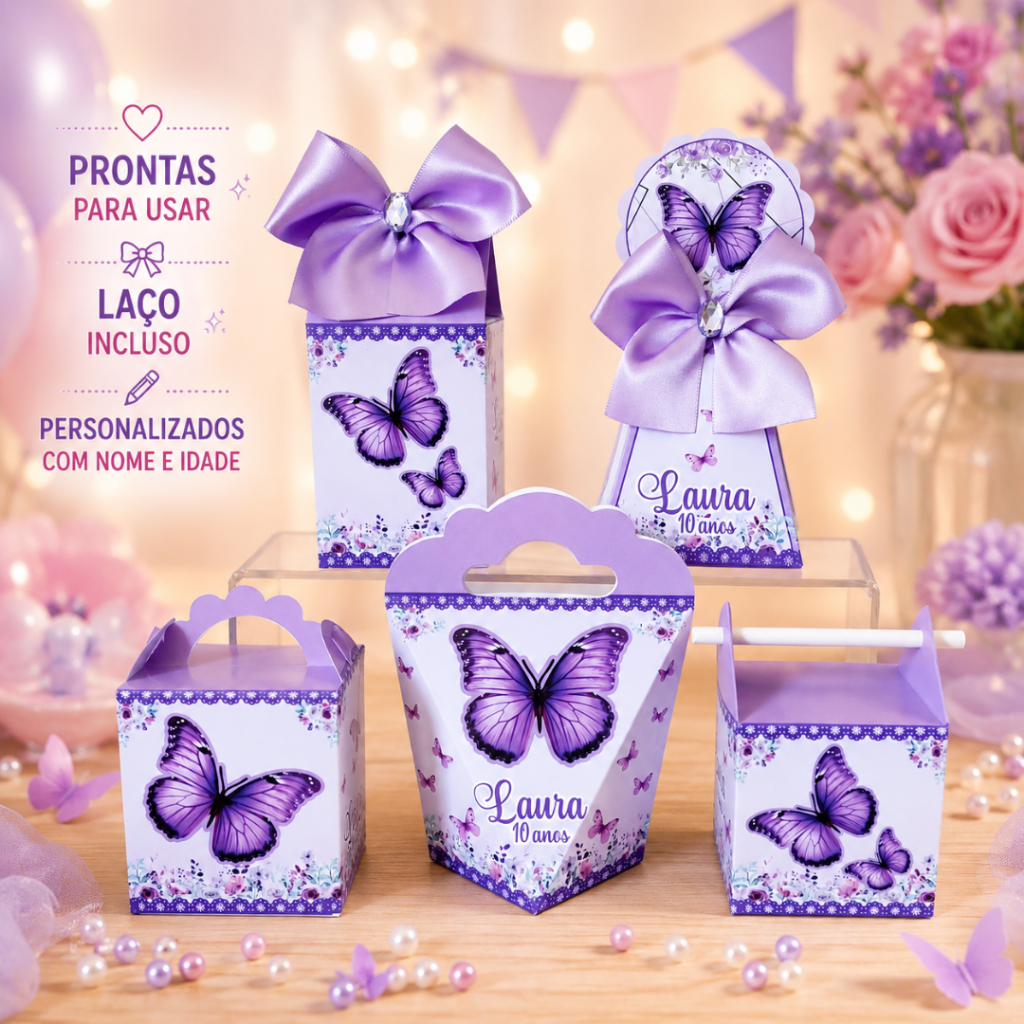 Kit Festa Borboleta Lilás Personalizado | Lembrancinhas de Aniversário Infantil | Caixas Personalizadas