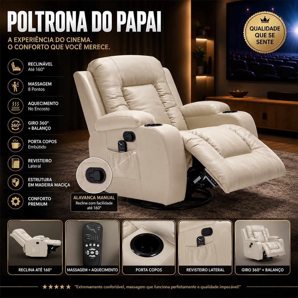 Poltrona Reclinável Poltrona Massageadora Poltrona Giratória Bege Poltrona do Papai Massagem Austin PU G94 · foto 2