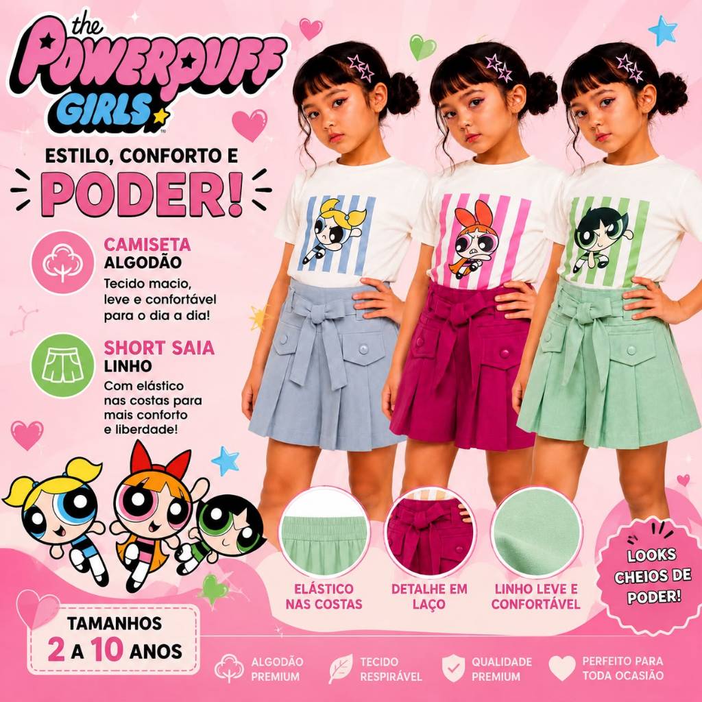 Conjunto Infantil Menina das Meninas Super Poderosas Camiseta Algodão infantil Short Saia Linho 2 a 10 anos