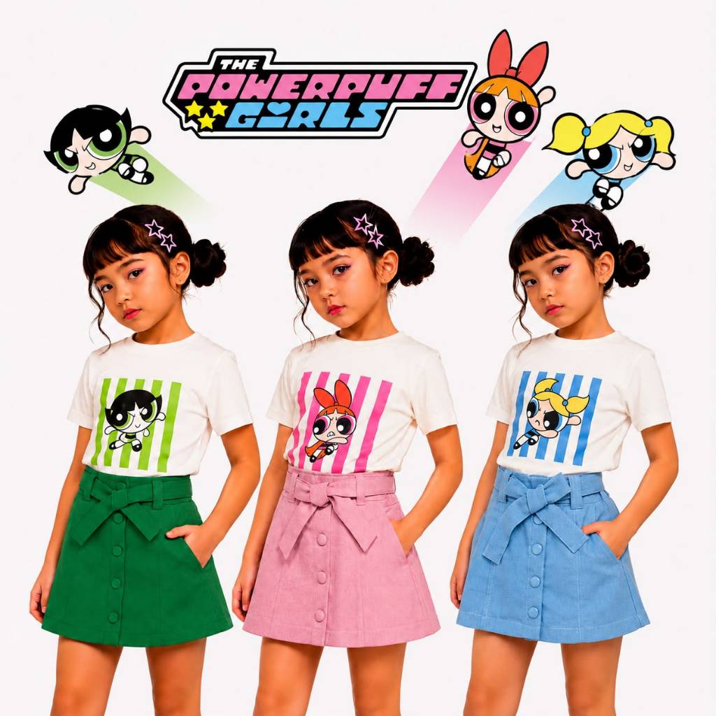 Conjunto infantil feminino das Meninas Super Poderosas Camiseta algodão menina Short Saia de Linho elastico na costas