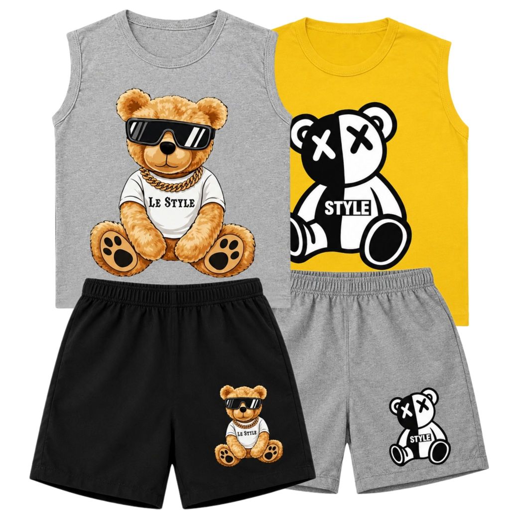 Kit 2 Conjunto Infantil Sortido Regata + Bermuda Tactel Verão Menino Masculino Urso Confortável