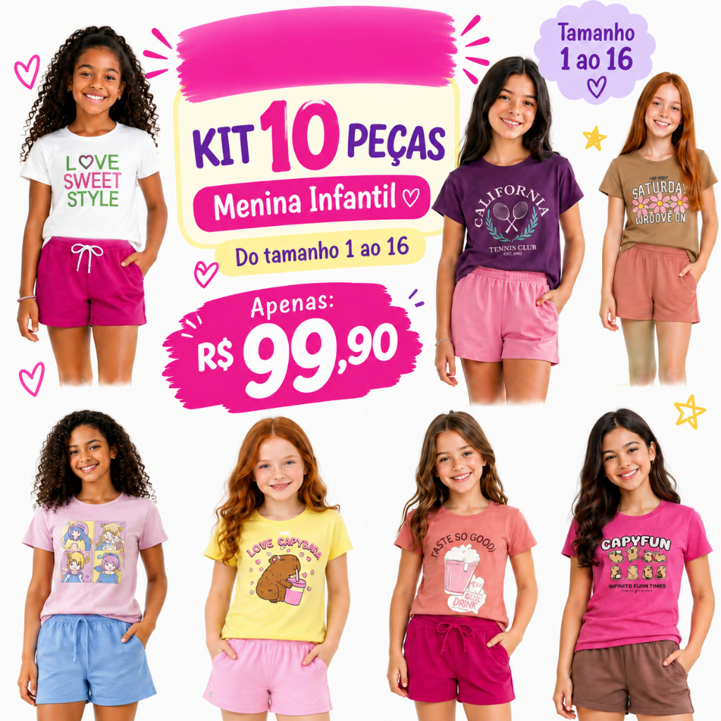 KIT 10 PEÇAS VERÃO MENINA 5 BLUSAS E 5 SHORTS CORES SORTIDOS