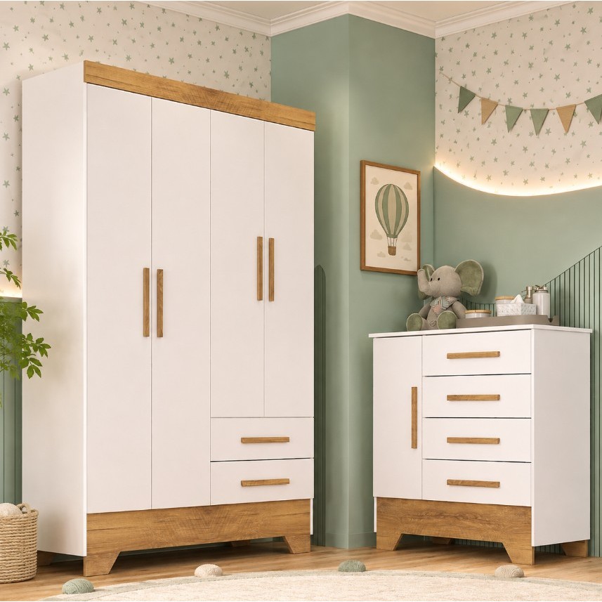 Quarto Infantil Guarda Roupa 4 Portas e Cômoda Catavento Rodial