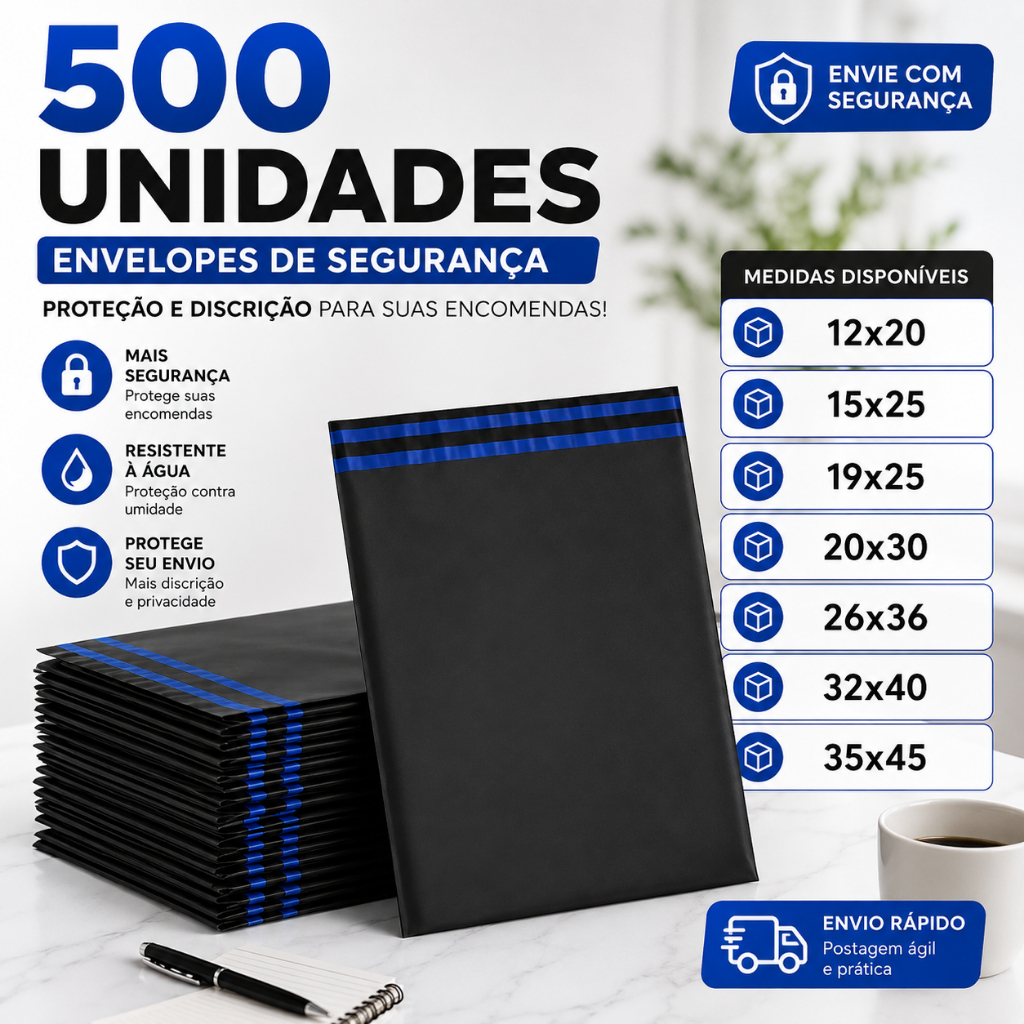 Kit 500 Envelopes de Segurança Preto Para Envio Embalagem E-commerce Correios