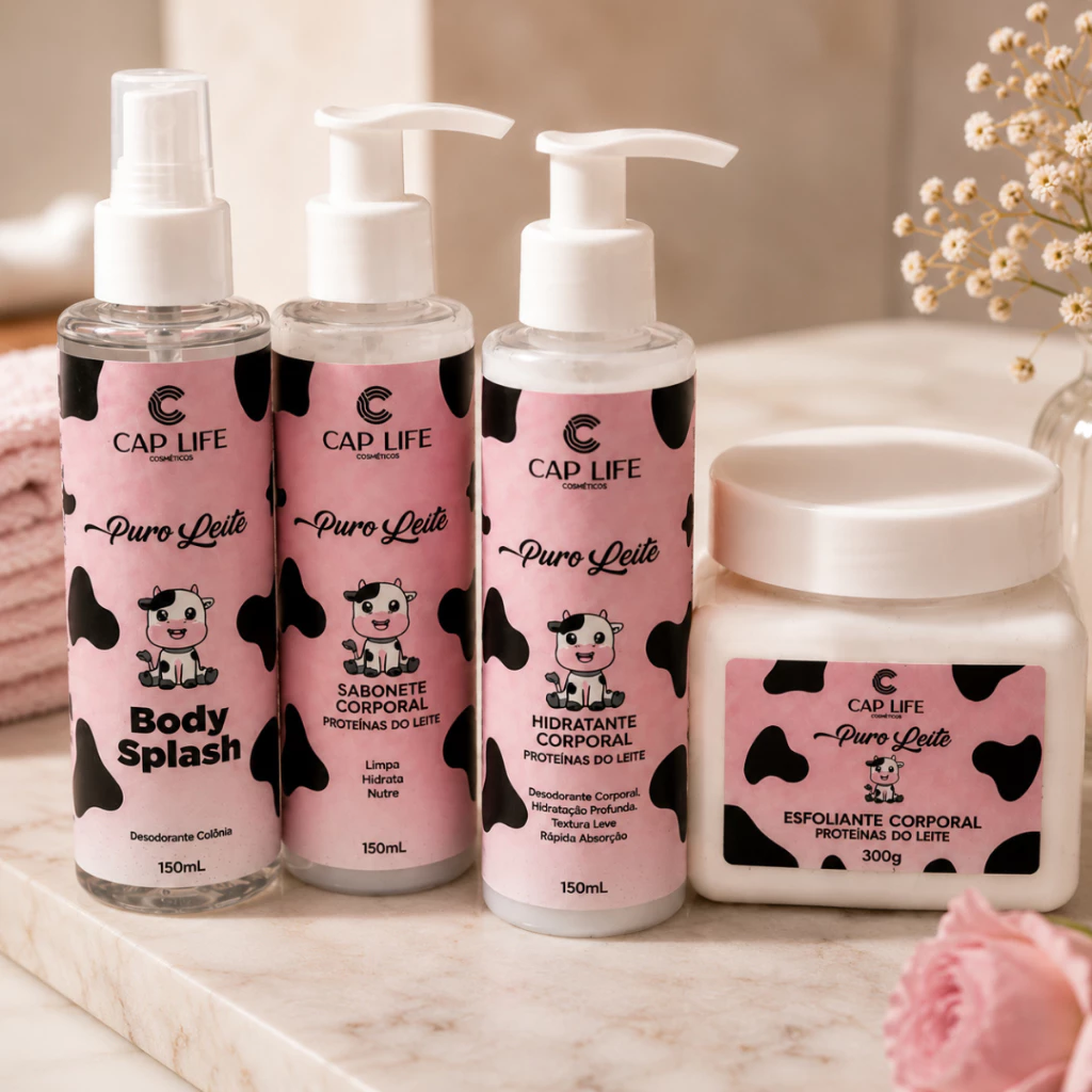 Kit Puro Leite Completo Cap Life – Body Splash, Hidratante, Sabonete e Esfoliante Corporal — imagem 1