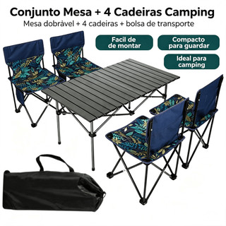 Kit Camping JOYFOX Mesa Dobrável Alumínio + 4 Cadeiras Portáteis com Bolsa para Praia Churrasco