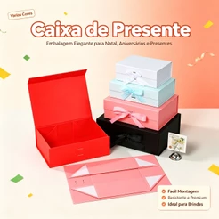 Caixa Presente Magnética Dobrável 6 Cores 4 Tamanhos | Embalagem Luxo para Aniversário, Casamento e Natal com Laço