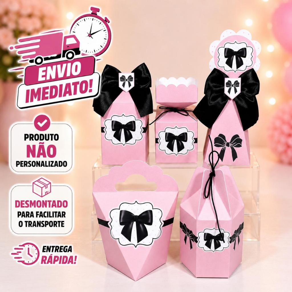 kit Caixinhas Personalizadas para Festa LAÇOS PRETO COM ROSA Lembrancinhas de Aniversário Decoração DESMONTADO.