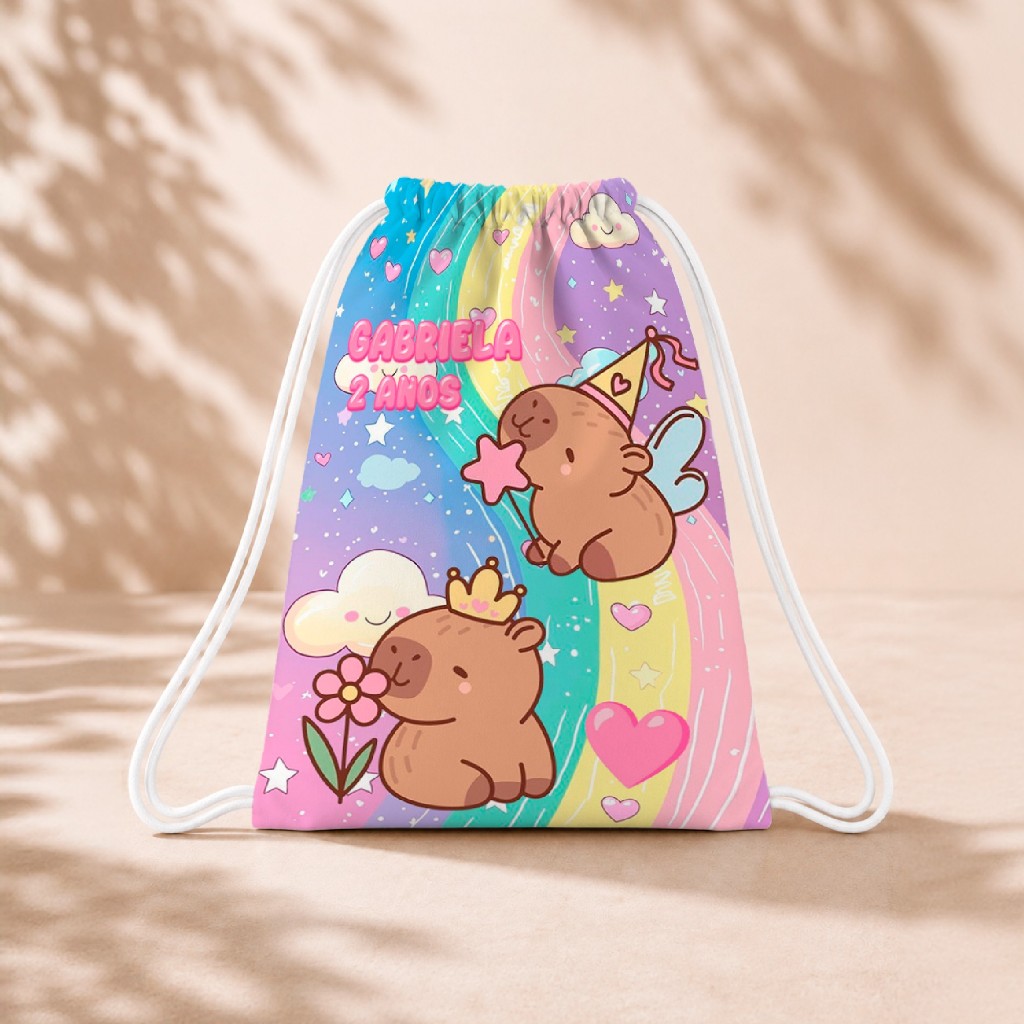 10 Mochila Personalizada Infantil 18x26 Sacolinhas Surpresa Festa Aniversário Lembrancinha Capivara Cute M2