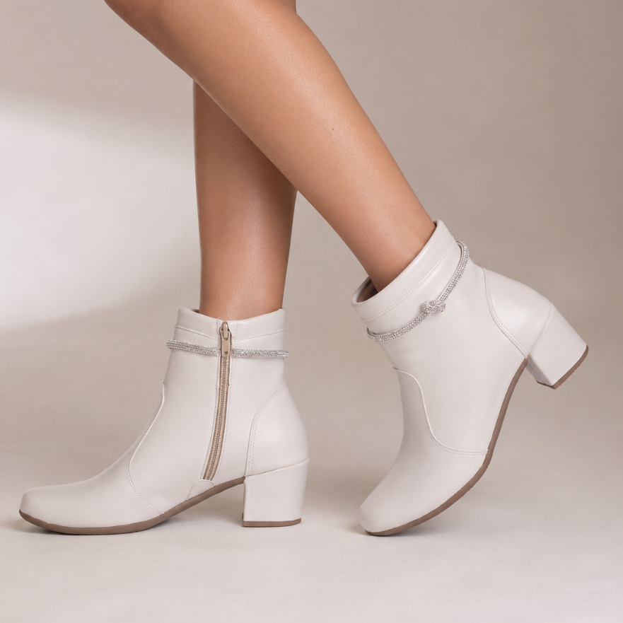 Bota feminina salto bloco strass brilho bico quadrado tira de strass brilho
