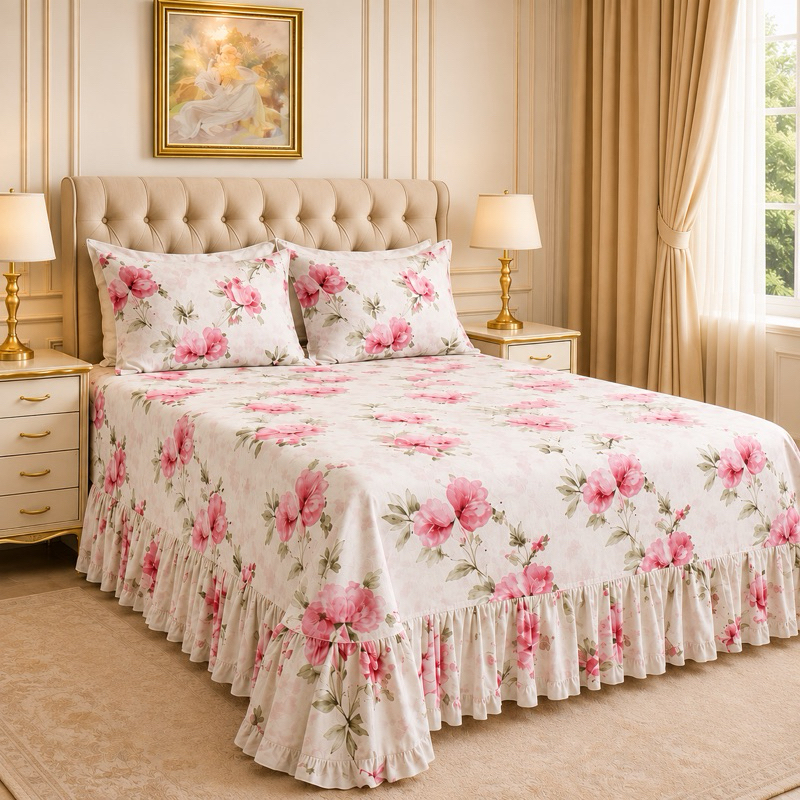 Kit Lençol Colcha Cobre Leito Casal Queen 3 Peças Estampada com Babado Toque Macio Micropercal Algodão + Fronhas