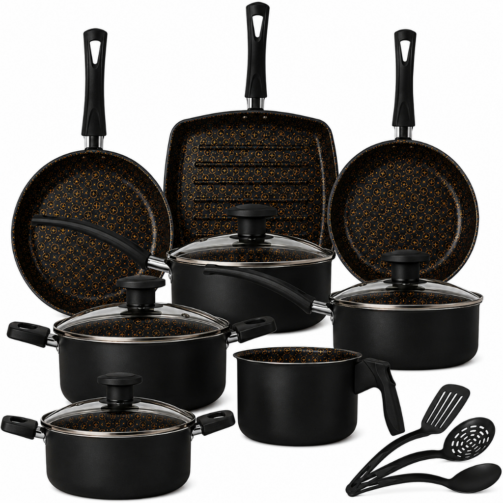 Conjunto De Panelas 11pçs Grill Teflon Antiaderente Cozinha Preto