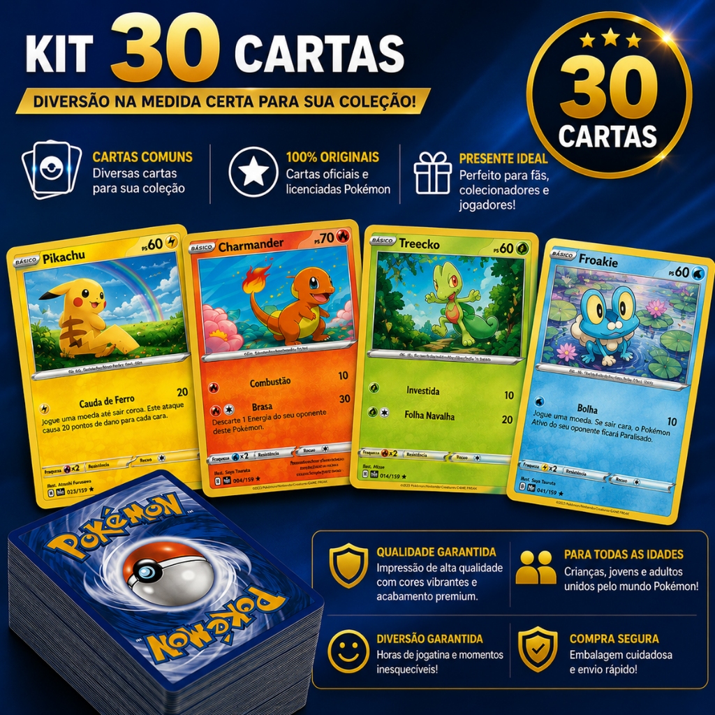 Kit Com 30 Cartas Pokemon Original Sem Repetição Comuns e Energias Colecionáveis