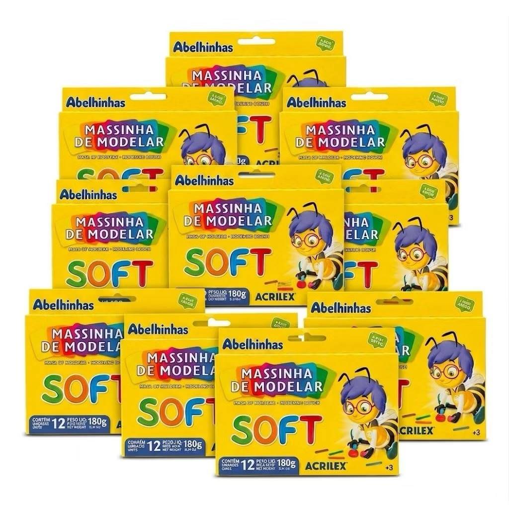 Kit 10 Caixas Massinha de Modelar Soft Acrilex 12 Cores Infantil Macia Atóxica Escolar Criativa