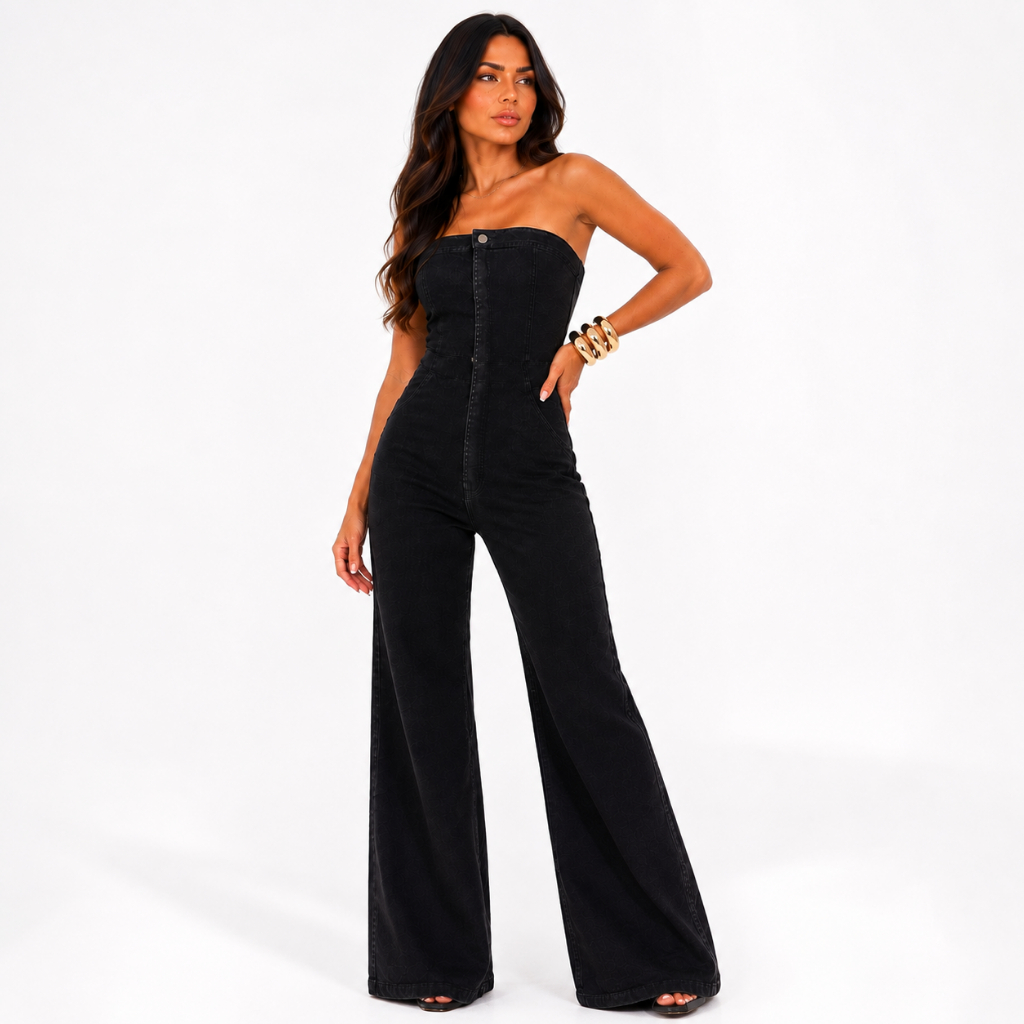 Macacão Jeans Preto Feminino Tomara que Caia Flare com Lycra Ajuste Perfeito