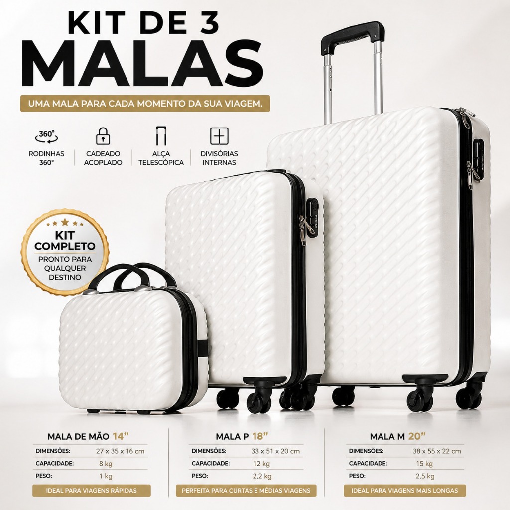 Kit 3 Malas Viagem Branca Resistente Rodinhas Giratorias Grande bagagem de viagem avião férias