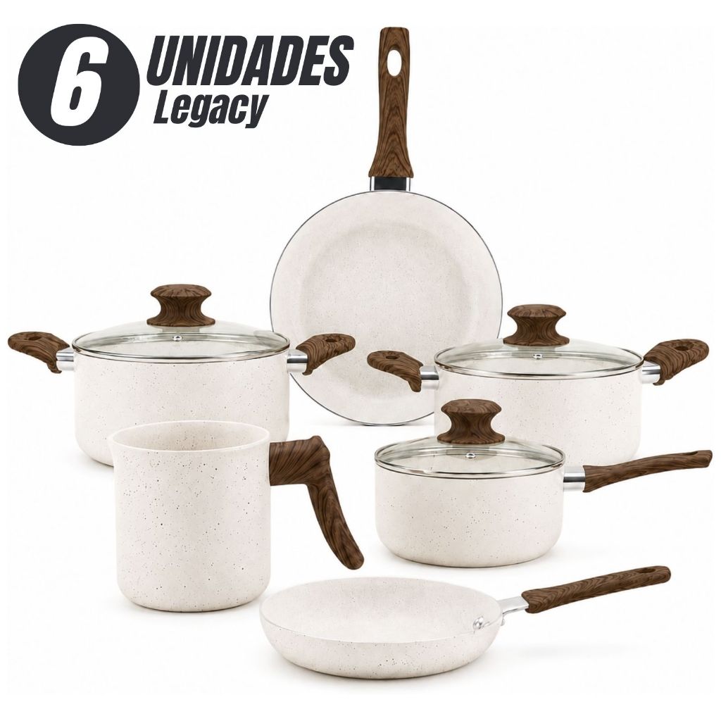 Jogo de Panelas Cerâmica Antiaderente Legacy 6 Peças Indução Tampa de Vidro Kit Frigideira Caçarola