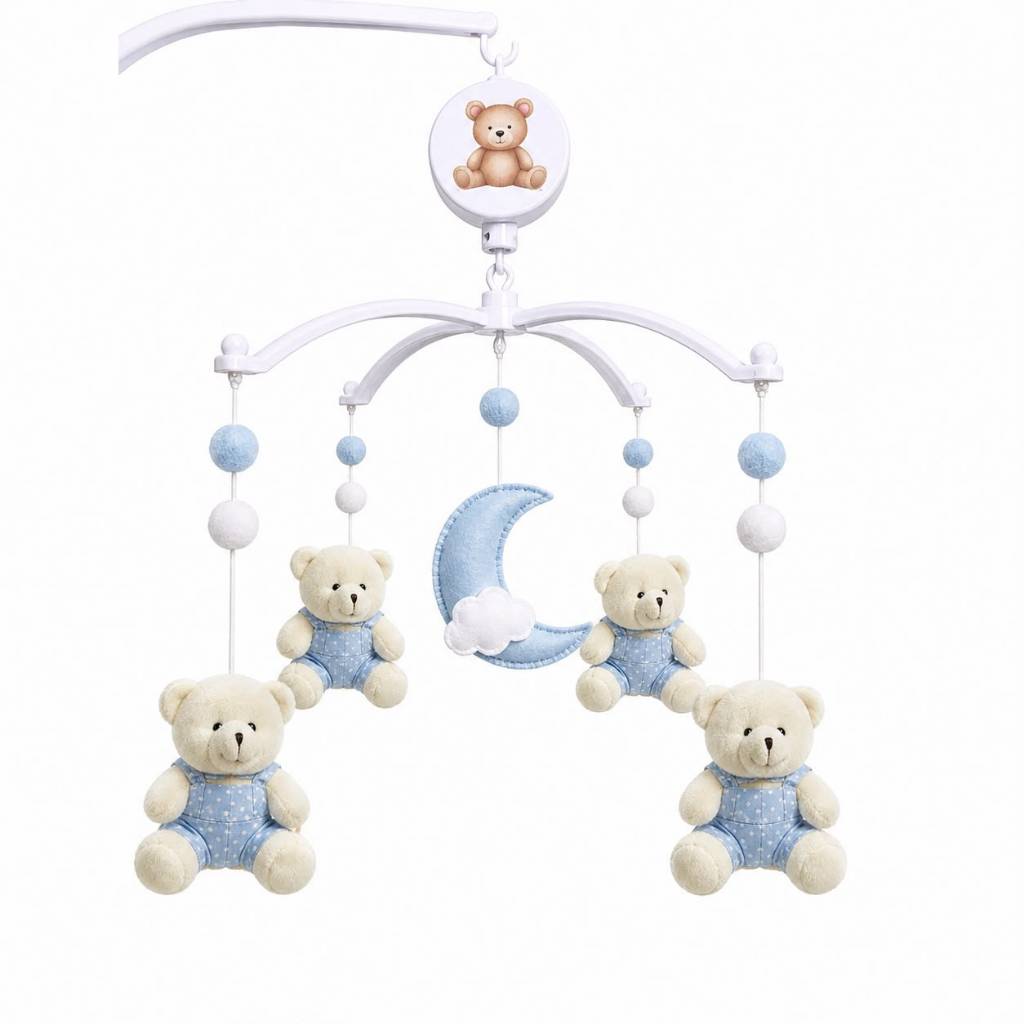 Móbile Músical e Giratório Para Berço Urso Ursinho Lua Pijama Menino Nuvem
