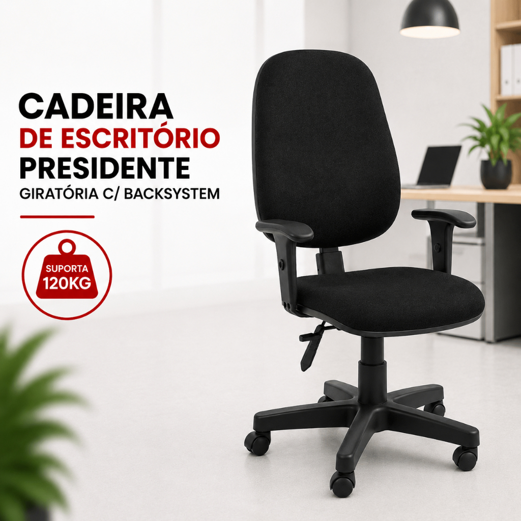 Cadeira Presidente Escritório Ergonômica Giratória BackSystem Braços Reguláveis 120kg