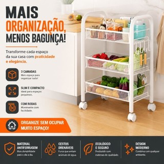 Carrinho Organizador Multiuso Slim 3 Andares com Rodinhas para Cozinha Banheiro Lavanderia Branco