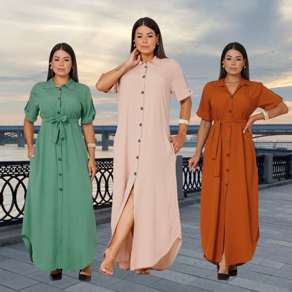 Vestido Chemise Longo Viscolinho Feminino Botões Cinto Bolsos Manga Curta Elegante Fenda Mangas