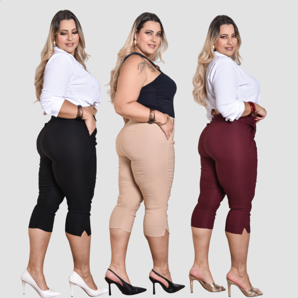 Calça Capri Feminina Plus Size Social Cintura Alta C/ Cinto E Bolsos Tecido Bengaline Modelador Reduz Pochete Elegante