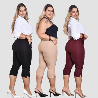 Calça Capri Feminina Plus Size Social Cintura Alta C/ Cinto E Bolsos Tecido Bengaline Modelador Reduz Pochete Elegante