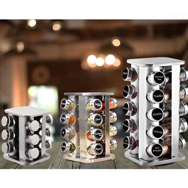 Porta Tempero Condimento Inox 12 Potes Vidro Suporte Giratório Etiquetas e Caneta Decoração Cozinha Organizador Bancada